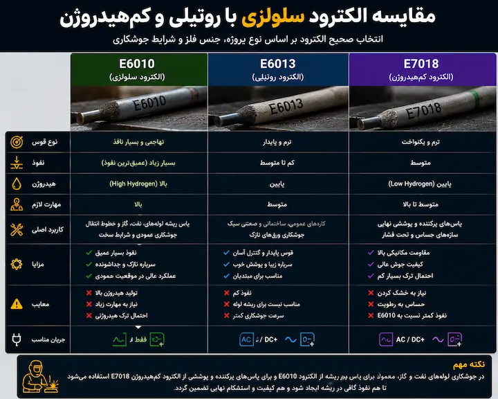 مقایسه الکترود سلولزی E6010 با الکترود روتیلی E6013 و کم هیدروژن E7018