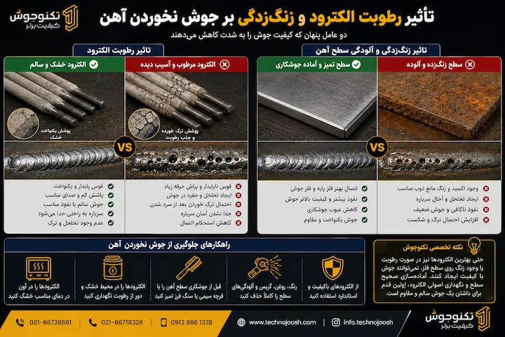تأثیر رطوبت الکترود و زنگ‌زدگی سطح بر جوش نخوردن آهن