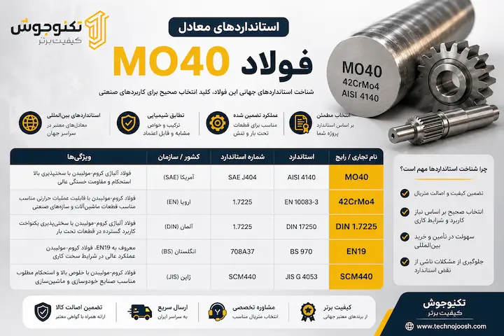 فولاد mo40 چیست؟ بلاگ استانداردهای معادل فولاد MO40 شامل AISI 4140، 42CrMo4، DIN 1.7225، EN19 و SCM440
