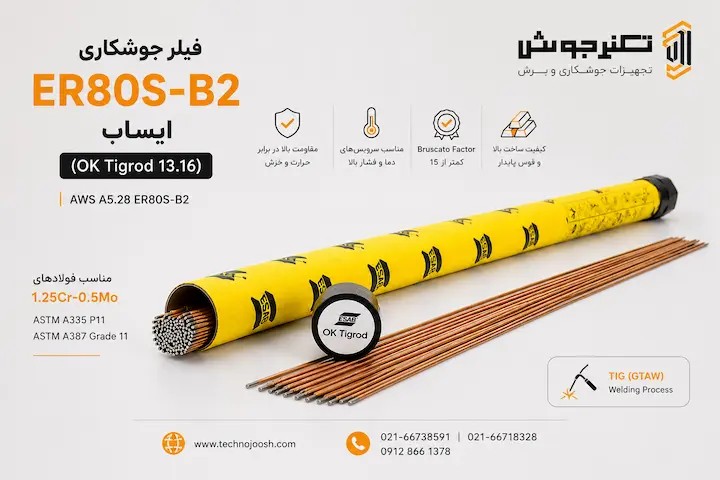 فیلر جوشکاری ER80S-B2 ایساب OK Tigrod 13.16 برای جوشکاری فولادهای 1.25Cr-0.5Mo