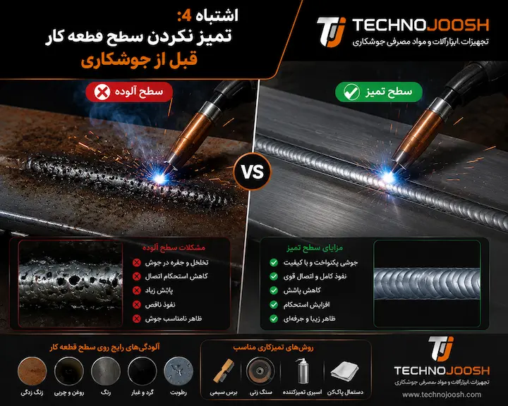 تمیز نکردن سطح قطعه کار قبل از جوشکاری